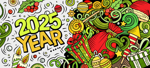 2025 doodles illustration. New Year objects and elements design. Creative cartoon holidays funny background
