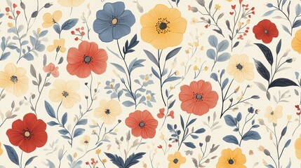 Pastel Floral Pattern Featuring Yellow Red and Blue Flowers