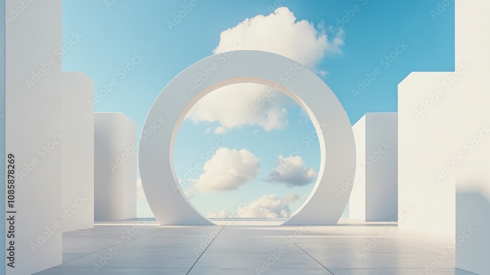 Poster modern architecture with circular design and clouds.