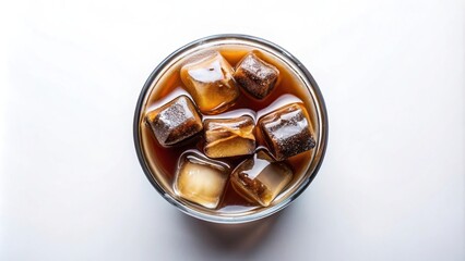 Cold coffee ice cubes in glass on white background