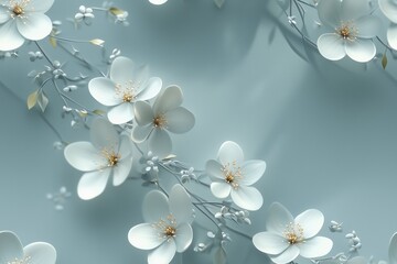White blossoms and branches on soft light blue background, seamless pattern