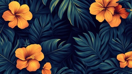Orange Hibiscus Flowers Amidst Lush Tropical Foliage