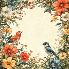 Watercolor Floral Frame With Two Birds
