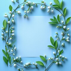 Fototapeta premium Delicate floral frame with green leaves and white buds on a pastel blue background, ideal for invitations, greeting cards, and spring-inspired designs.