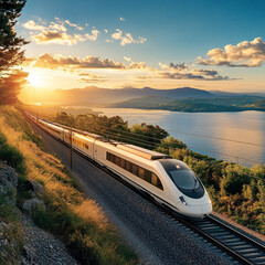 Fototapeta premium A modern train speeding through picturesque landscapes, emphasizing comfort, luxury, and scenic views for travelers