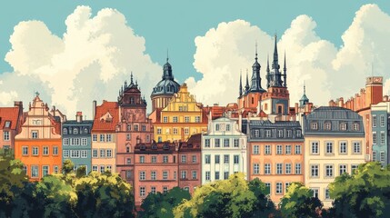 Colorful European Cityscape Under a Cloudy Sky