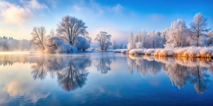 Cold winter scene of misty morning on lake close-up