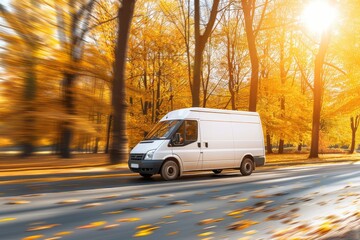 Express delivery van rushing through city streets for timely deliveries and service efficiency