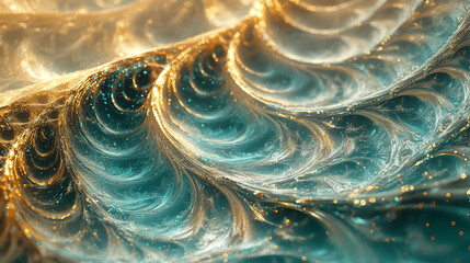 Abstract digital art featuring flowing teal and gold patterns