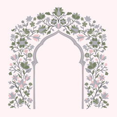 Mughal decorative ornamental floral arch. Vintage intricate traditional mughal style with flowers and foliage.
