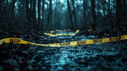 Yellow Police Tape in a Dark Forest Path