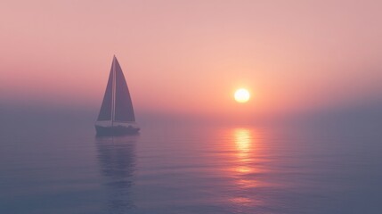 A sailboat sails across the ocean at sunset. The sun is a bright orange disc in the sky and the water is calm.