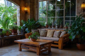 Outdoor-Inspired Living Room with Stone Accents, Wooden Furniture, Indoor Plants, and Soft, Ambient Lighting
