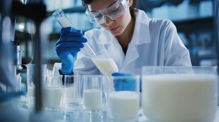 A scientist carefully pouring a milky substance into a beaker in a lab setting