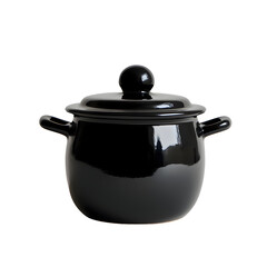 Sleek black pot, glossy finish, perfect lid; a culinary masterpiece.  Elegant kitchenware.