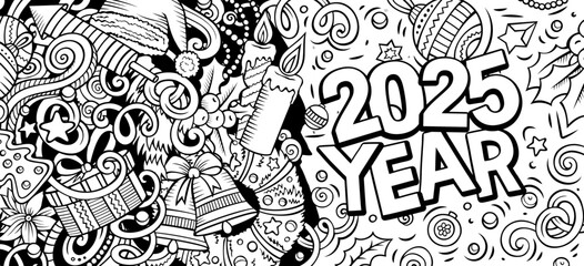 2025 doodles sketchy illustration. New Year objects and elements design