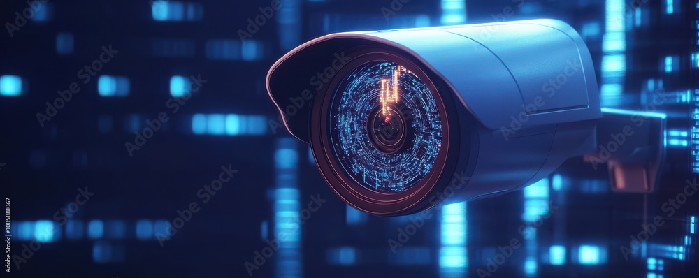 Poster high-tech security camera in a digital environment.