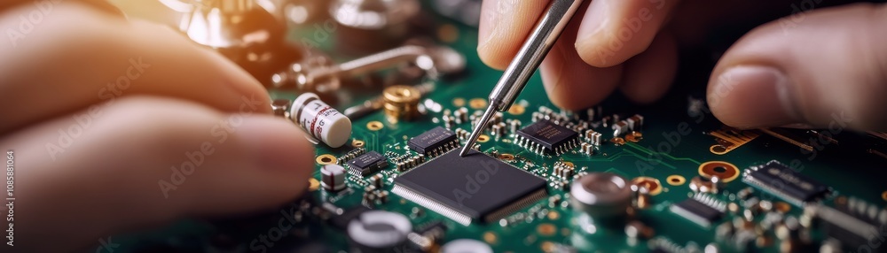 Poster hands assembling electronic circuit board components.