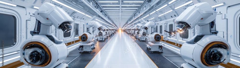 Poster futuristic robotic assembly line in a factory.