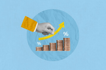 Creative art collage of Invest,Investment,profit, saving money,finance and business strategy. hand holding upward arrows with increasing piles of coins Indicating sales profit