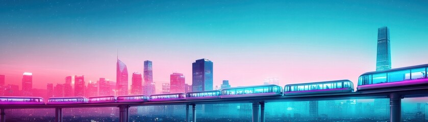 Futuristic city skyline with vibrant trains.