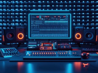 Obraz premium Modern audio production studio with neon lighting.
