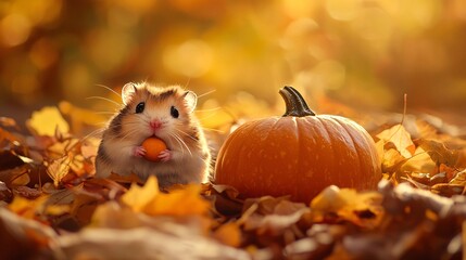 A delightful autumn scene featuring a cozy hamster nestled beside a bright pumpkin amidst colorful leaves, capturing the warmth and charm of the season.