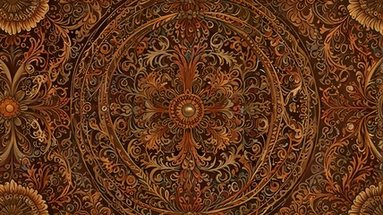 "A stunning ornamental round ornament, intricately designed with delicate swirls and patterns, rendered in a vintage style with warm, earthy tones." 
