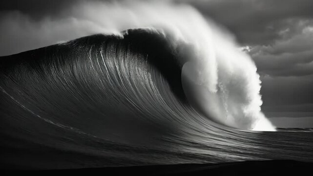 Giant ocean wave breaking in slow motion black and white