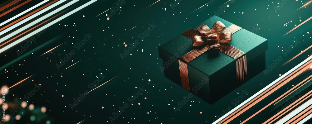 Poster midnight green background with a gift box shape in negative space, surrounded by vibrant white and b