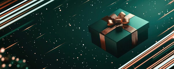 Midnight green background with a gift box shape in negative space, surrounded by vibrant white and bronze stripe patterns, with a gentle copper glow for a three-dimensional effect