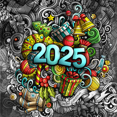 2025 doodles illustration. New Year objects and elements design. Creative cartoon holidays funny background
