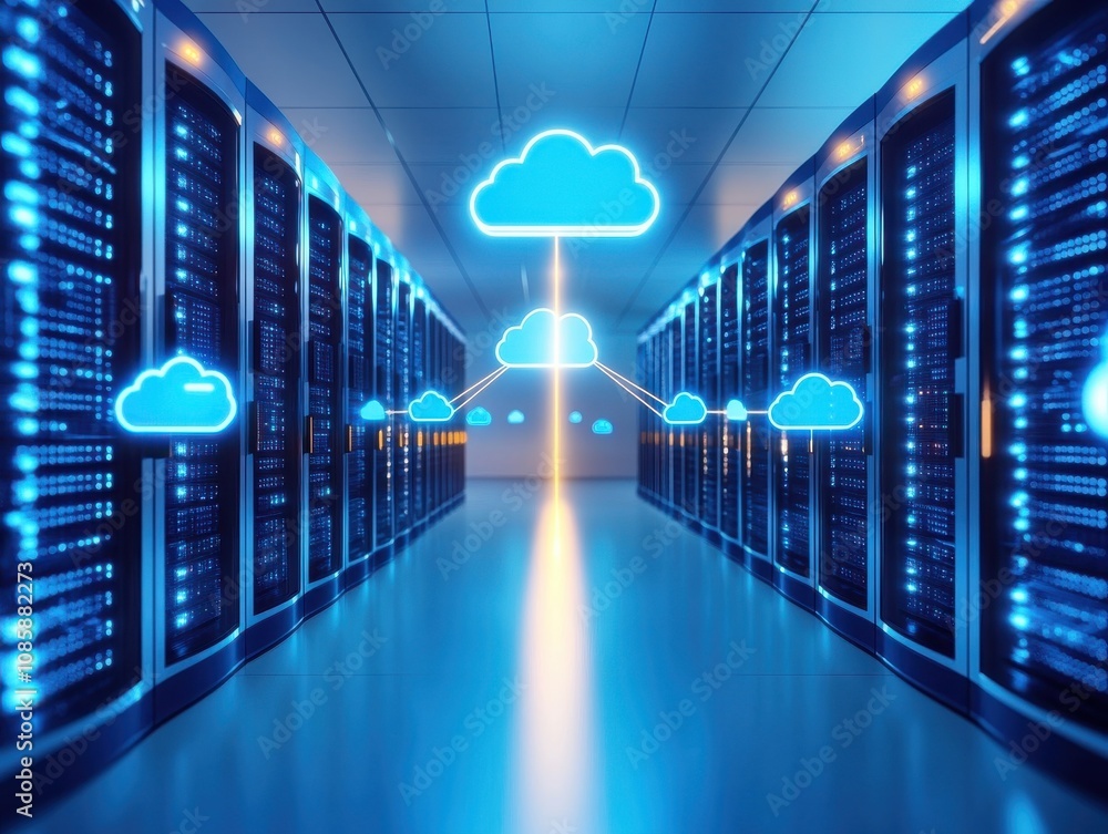 Poster modern data center with cloud connectivity.
