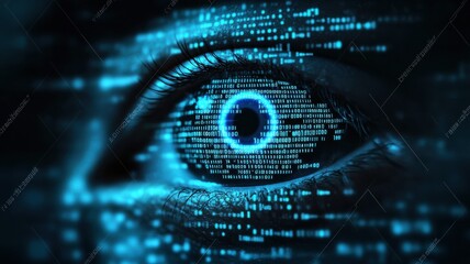 Futuristic eye with digital data overlay.