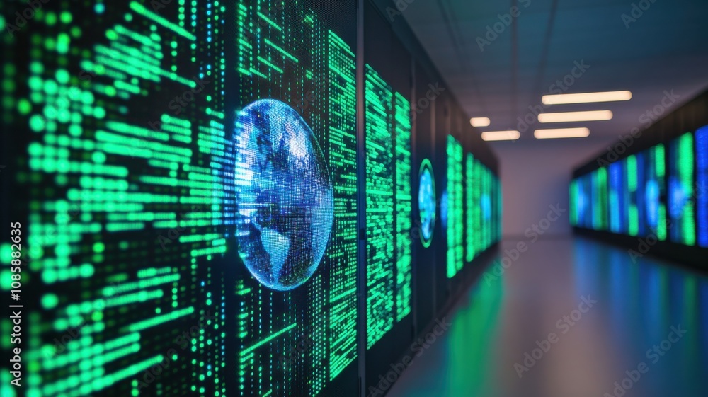 Poster futuristic server room with data visualization.