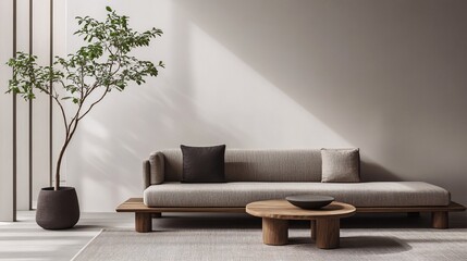 Serene Minimalist Living Room Design with Low-Profile Sofa and Plant against White Wall, Emphasizing Simplicity and Functionality.