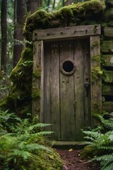 Weathered wooden door set against a magical forest backdrop.
