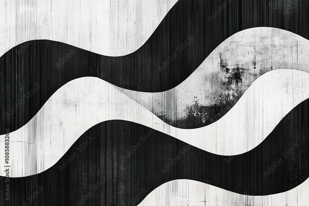 Poster black and white abstract waves on textured background..
