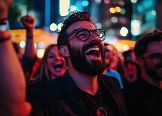 The man smile and dynamic expressions showcase the energy of an outdoor event with LED lit buildings behind him.