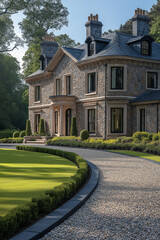 Obraz premium grande maison en pierre, demeure, avec jardin, plan extérieur maison 3D réaliste, HDR, photographie immobilière, décoration, tendance, architecte, design, mode, fonctionnel, luxe, élégant, raffiné