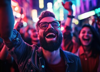 The man smile and dynamic expressions showcase the energy of an outdoor event with LED lit buildings behind him.
