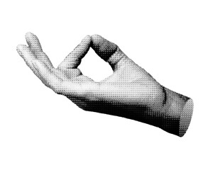 Hand in a yoga mudra gesture, symbolizing calm, peace, and harmony, isolated in retro halftone dot style. Nostalgic 1990s inspired design with vintage grunge texture, ideal for
