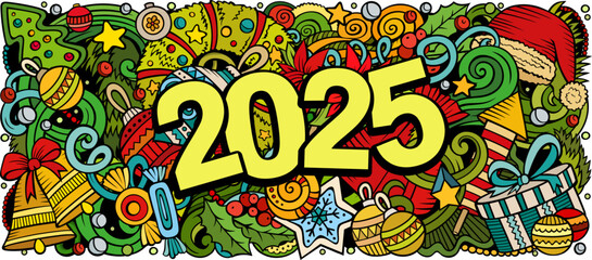 2025 doodles illustration. New Year objects and elements design. Creative cartoon holidays funny background
