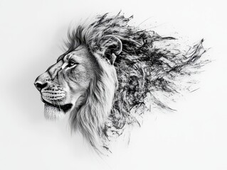 Majestic Lion Portrait with Intense Gaze and Detailed Mane Isolated on White Background, Capturing Strength and Power of the King of the Jungle, Image Made Using Generative AI