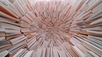 A circular array of open books creating a unique visual pattern inside a bookstore during daylight hours