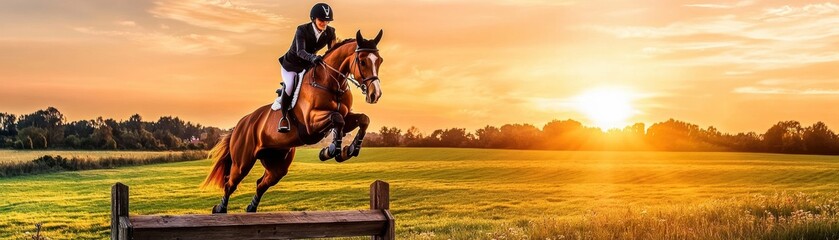 Obraz premium Horse jumping over a fence at sunset.