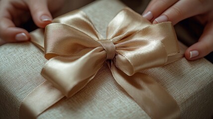 Close-up of gift bag handles being tied with ribbon