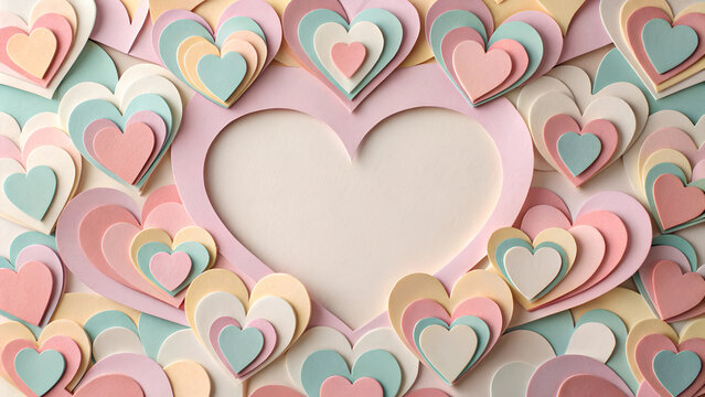 Colorful layered heart collage with blank center for romantic messages or crafts copy space