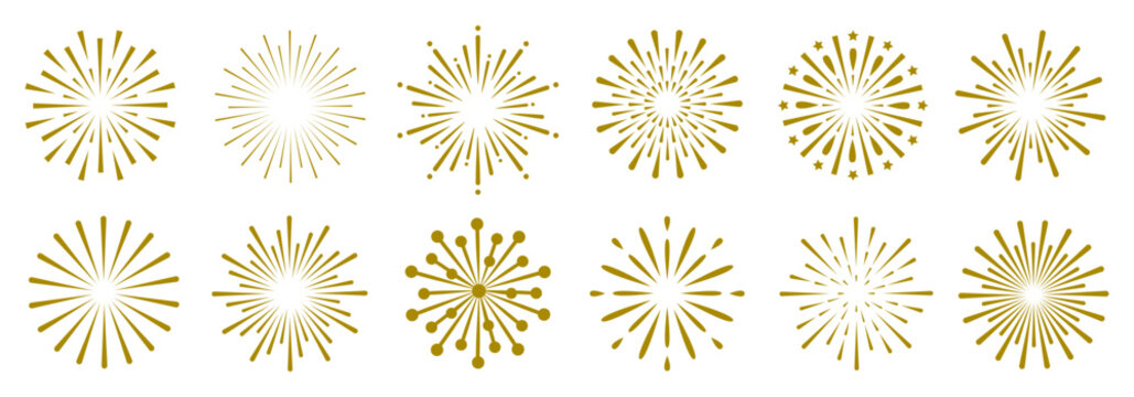 Fireworks set, gold fireworks with lines and sparkles, firework collection