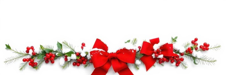 Snow-covered Christmas wreath with red bow and holly berries, isolated on white background, red bow